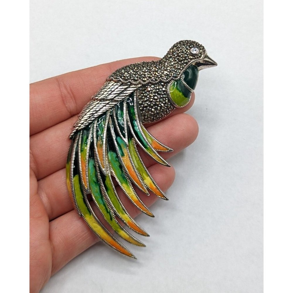Large Sterling Silver 925 Green Yellow Orange Enamel Marcasite Bird Pin Brooch